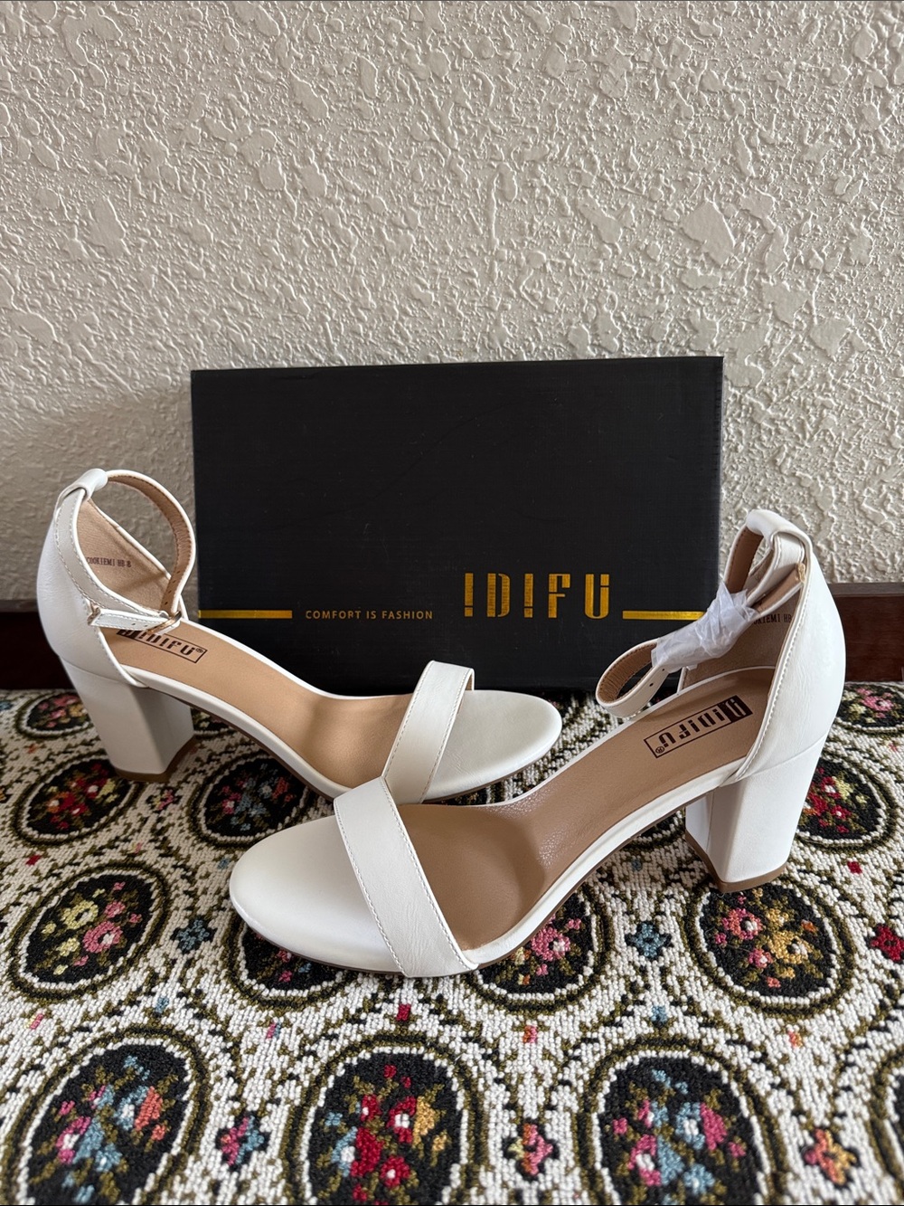 IDIFU White Block Heel Ankle-Strap Sandals